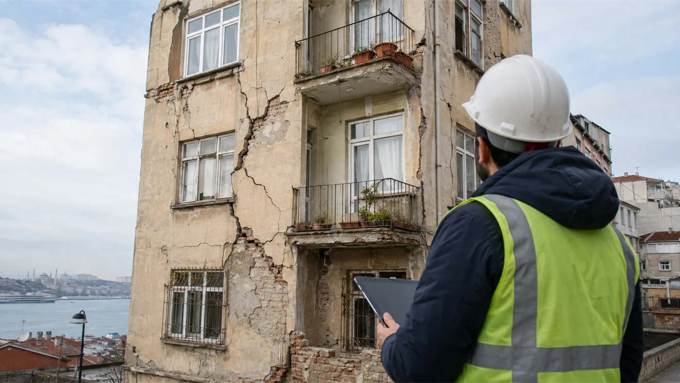 Riskli yapı tespiti saha incelemesi: cephe çatlak detayı — DNZ Grup Yapı Laboratuvarı, İstanbul